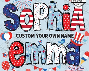 CUSTOM Name Kid Independence Day Png Bundle, Patriotic Alphabet Doodle Png, Personalized 4th Of July Png, American Flag Png, Digital File