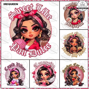 5 Chicana Valentine&#39;s Day Png Bundle, Chibi Style Latina Shirt Png, Chicano Valentine Png, Latina Valentine , Chibi Cholo Png, Digital File