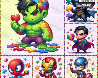 7 Autism Superhero Png Bundle, Autism Awareness Day Png, Super Autism Png, Be Kind Png, Puzzle , Autism Kid, Superhero Cartoon, Digital File