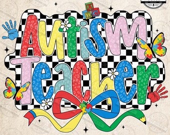 Autism Teacher Png, Autism Awareness Coquette Png, Special Education Png, Neurodiversity, In April We Wear Blue, Checkered Bow, Digital File
