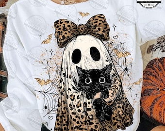 Retro Halloween Ghost And Cat Png, Leopard Spooky Coquette PNG, Preppy Ghost Boo PNG, Leopard Ghost, Fall Png, Halloween Png, Digital File