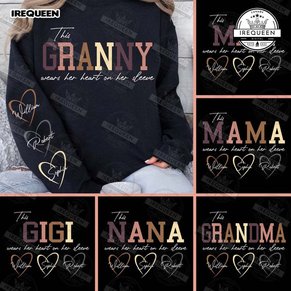 Cette maman/grand-mère/grand-mère porte son coeur sur sa manche lot personnalisé SVG, noms d'enfants, cadeau de fête des mères, cadeau Svg pour elle, fichier numérique