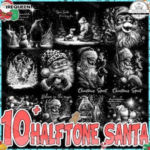 May include: A selection of ten black and white halftone Santa Claus illustrations. The images depict Santa in various scenes, including with a dog, reindeer, and snowman. Text includes "Christmas Spirit" and "Believe in the magic."