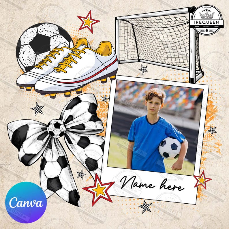 Puede incluir: Una invitaci&oacute;n de fiesta de f&uacute;tbol imprimible con un bal&oacute;n de f&uacute;tbol, ​​tacos, una porter&iacute;a, un lazo y un marco de fotos con el texto "Nombre aqu&iacute;".
