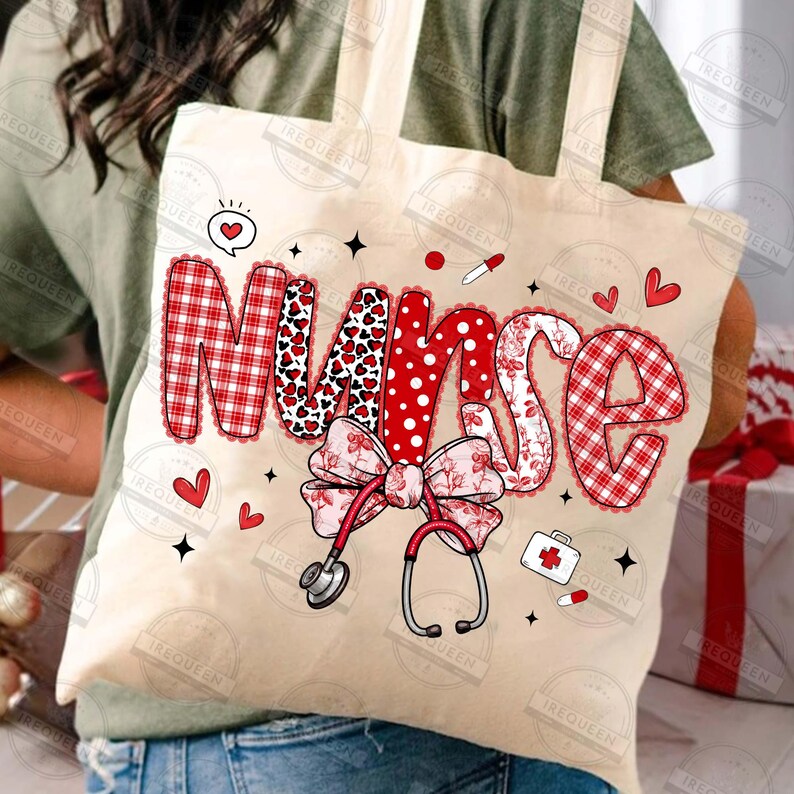 May include: A beige tote bag with the word "NURSE" in red and white patterned letters. The design includes a bow, stethoscope, hearts, and medical-themed illustrations. The bag is held by a person.
