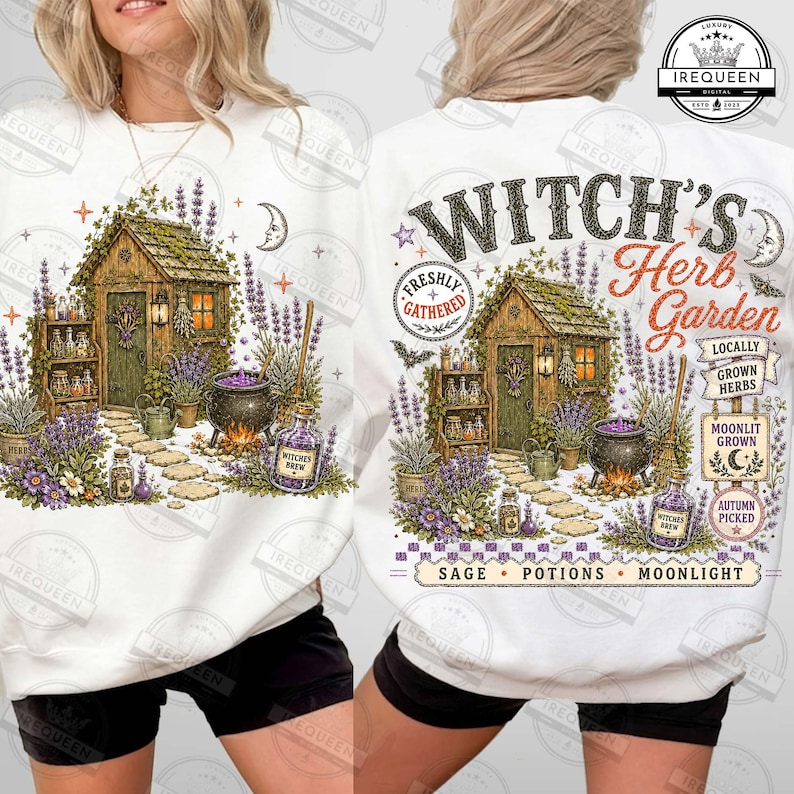 May include: A white crewneck sweatshirt featuring a graphic print of a wooden garden shed surrounded by lavender, a cauldron, and potion bottles. The text reads Witch's Herb Garden, Freshly Gathered, Locally Grown Herbs, Moonlit Grown, Autumn Picked, Sage, Potions, Moonlight.