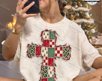 Faux Patchwork Cross Png, Christian Png, Leopard Checkered Polka Dots Png, Christmas Png, Merry Christmas Png, Vintage Jesus, Digital File