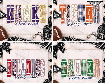 Könnte beinhalten: Vier digitale Designs mit den Wörtern HAWKS, TIGERS, BULLDOGS und GATORS in Blockbuchstaben mit verschiedenen Mustern wie Leopardenmuster, Karos und Football-Schnürsenkeln, jeweils ergänzt durch den Text school name und eine kleine Schleife.