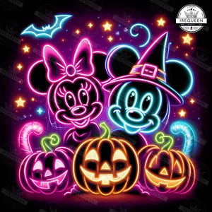 Cartoon Neon Halloween Png Sublimation, Halloween Maus und Freund Png, Familien Halloween Reise Png, Süßes oder Saures Png, digitale Datei