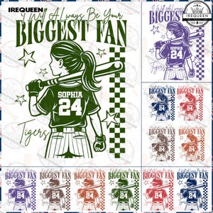 Puede incluir: Un diseño digital que presenta a una jugadora de béisbol con un bate, el texto "I Will Always Be Your Biggest Fan" y el nombre "Sophia" con el número "24" en la camiseta. El diseño incluye estrellas y un patrón de cuadros.