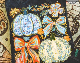 Pompoen png, herfststrik png, groots png, preppy grandmillennial pompoen png, coquette png, herfst png, trendy penseelstreekshirt, digitaal bestand