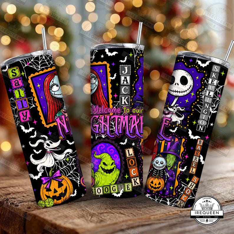 May include: A cylindrical tumbler featuring a black background with a Nightmare Before Christmas theme. It displays characters like Sally, Jack Skellington, Zero, and Oogie Boogie, along with pumpkins, spiderwebs, bats, and text reading Welcome to our Nightmare.