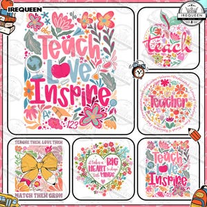 5 Retro Boho School Teacher Png Bundle, Boho Teach Png, Cute Teacher Appreciation Png, Inspirational  Boho Wildflowers Png, Digital File