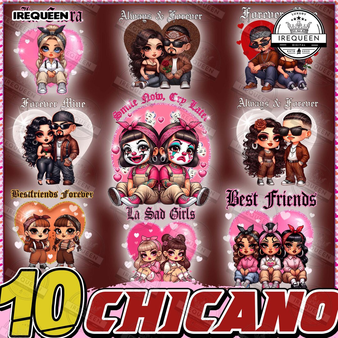 10 Chicano Valentine Chola Couple Png Bundle, Pink Chicana Valentine