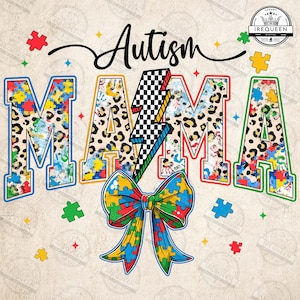 Op de afbeelding: Een kleurrijk grafisch ontwerp met de tekst "Autism Mama" in een vet lettertype. De letters zijn versierd met puzzelstukjes, luipaardprint en een bliksem. Een strik gemaakt van puzzelstukjes bevindt zich in het midden van het ontwerp.