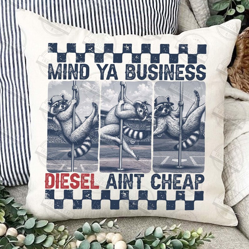 May include: A white pillow with a humorous graphic of raccoons pole dancing. The text "MIND YA BUSINESS" is above the raccoons, and "DIESEL AINT CHEAP" is below. The pillow has a checkered border.