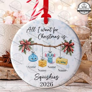 May include: A round white ceramic Christmas ornament with a red ribbon hanger. The text reads All I want for Christmas is Squishies 2026. It features a branch with pine and berries, hanging a blue creature, a cheese block, and butter.