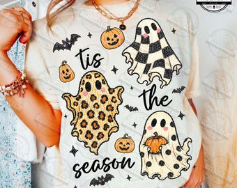 Tis The Season Ghost PNG, Checkered Leopard Polka Dot Ghosts, Fall Shirt Design, Pumpkin Patch Ghosts Design, Halloween PNG, Digital File