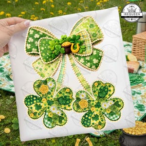 May include: A St. Patrick's Day themed design featuring a large green bow with shamrocks, a pot of gold, and a horseshoe. Two large shamrock designs with yellow roses and white daisies are below the bow. The design is on a white background.