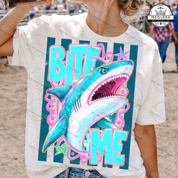 Bite Me Shark PNG, Funny Summer Beach Design, Trendy Shark Graphic, Sublimation DTF File, Coastal Striped Aesthetic PNG, Digital File