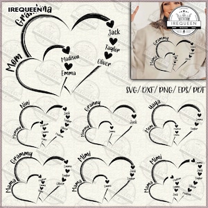 Peut inclure: Plusieurs modèles d'arbres généalogiques en forme de cœur noirs et blancs avec des noms tels que Jack, Taylor et Emma. Les modèles incluent les mots "Mom", "Grammy" et "Granny". L'image montre également un sweat-shirt avec un design similaire et le texte "SVG/DXF/PNG/EPS/PDF."