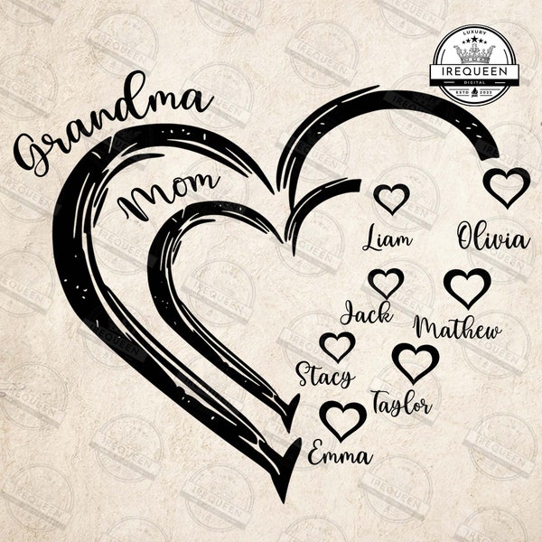 CUSTOM Heart GrandKid Name Grandma Mom Svg Png, Gift for Mom Svg, Add Kids Name Png, Mother’s Day Heart Frame Svg, Digital File