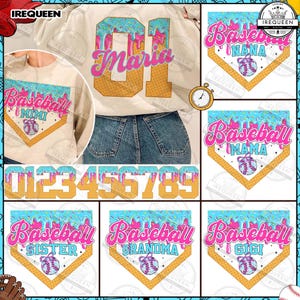 May include: A set of nine baseball-themed iron-on transfers. The transfers feature a baseball diamond with a baseball and text that says "Baseball" and a family member title, such as "Mama", "Nana", "Sister", "Grandma", and "Gigi". The transfers are decorated with a blue and pink icing design.