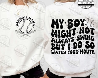 Mijn jongen swingt misschien niet altijd, maar ik kijk wel naar je mond Svg Png, Funny Baseball Mom Sayings Svg, Baseball Mama Svg, Digitaal bestand