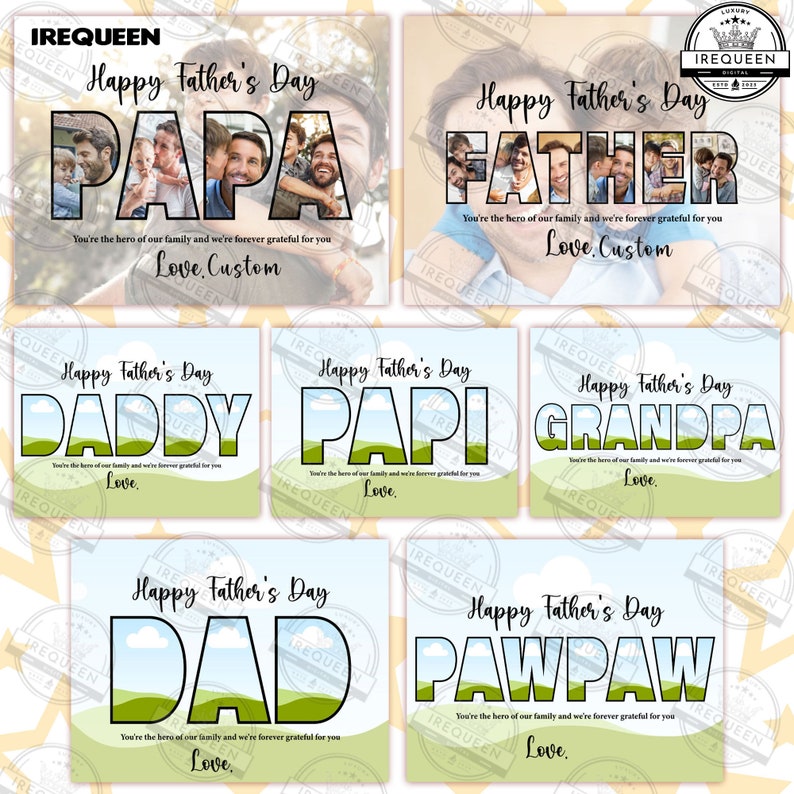 May include: Six printable Father's Day cards with different titles: Papa, Father, Daddy, Papi, Grandpa, and Pawpaw. Each card features a green and blue landscape with clouds and a personalized message. The cards are perfect for celebrating Father's Day.