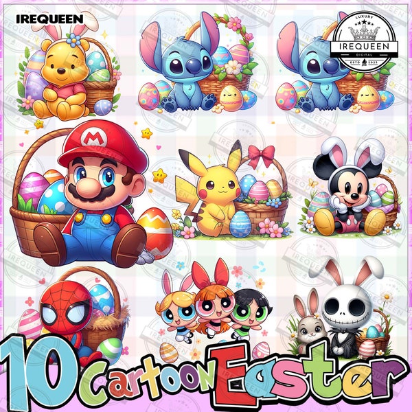 10 Cartoon Easter Character Png Bundle, Spring Easter Png, Happy Easter Day Png, Superhero Easter Png, Pika Easter Egg Png, Digital File