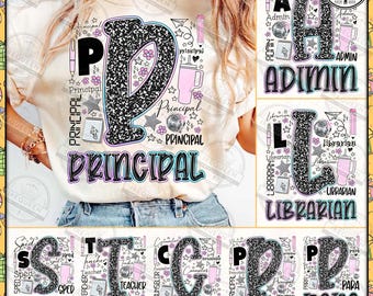 Könnte beinhalten: Cremefarbenes T-Shirt mit dem Wort "PRINCIPAL" in einem schwarz-rosa Design. Der Buchstabe "P" ist mit Blumen und Sternen verziert. Zusätzliche Designs sind Stifte, Sterne und ein rosa Becher. Weitere Designs sind "ADMIN", "LIBRARIAN", "SPED", "TEACHER", "COUNSELOR" und "PARA".
