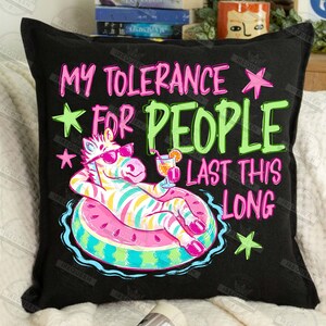 Puede incluir: Coj&iacute;n cuadrado negro con el texto "MY TOLERANCE FOR PEOPLE LAST THIS LONG" en rosa y verde. Tambi&eacute;n aparece una cebra de dibujos animados con gafas de sol flotando en un flotador con forma de sand&iacute;a.