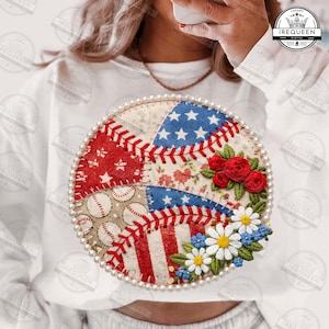 May include: White sweatshirt featuring a round patch with a baseball theme. The patch is adorned with red, white, and blue fabric, baseball stitching, and floral accents. A pearl border surrounds the patch.