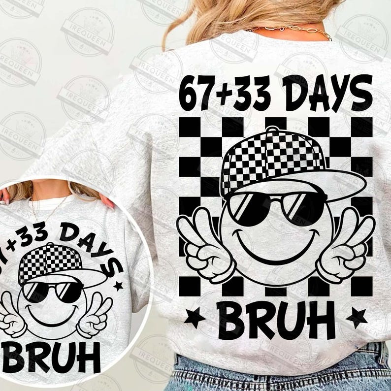 Pu&ograve; includere: Una felpa grigio chiaro con un design grafico sul retro. Il design presenta una faccina sorridente con occhiali da sole e un berretto a scacchi, con il testo "67+33 DAYS" sopra e "BRUH" sotto. Il design include un motivo a scacchi in bianco e nero.