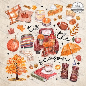May include: Watercolor illustration with fall-themed elements. Includes pumpkins, a red truck, a sweater, a football, an umbrella, boots, and the text "Kiss the season". The image has a cozy, autumnal feel.