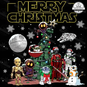 以下が含まれることがあります： 黄色で「MERRY CHRISTMAS」と書かれたお祝いのグラフィック。ダース・ベイダーやストームトルーパーなど、スター・ウォーズのキャラクターたちがクリスマスの衣装を着て、クリスマスツリーと雪の結晶が黒い背景に描かれています。
