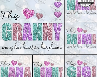 This Mama/Grandma/Mimi Wear her Heart PNG Bundle, Mama's Valentine Custom Name Kids On Sleeve Png, Sequin Valentine Png, Instant Download