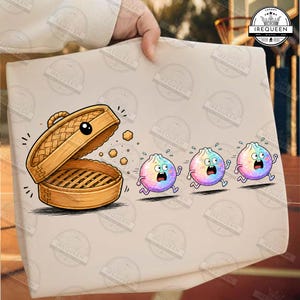 May include: A light beige fabric surface featuring a graphic illustration of an open bamboo steamer basket with a face, and three colorful, iridescent, round dumpling characters with wide eyes and open mouths running away from the steamer.
