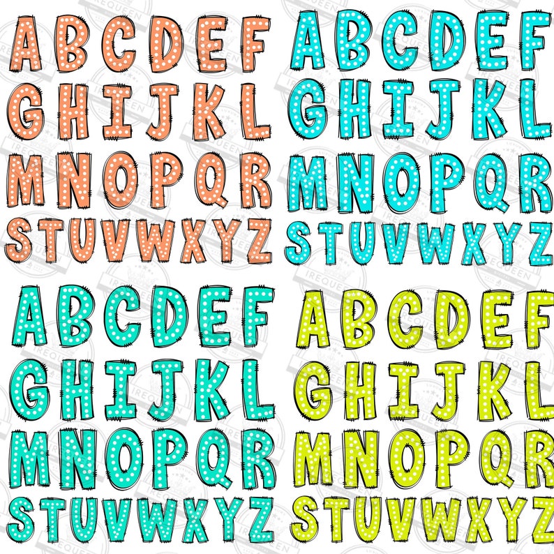 May include: A set of alphabet letters in four different colors: peach, turquoise, green, and yellow. Each letter has a white polka dot pattern.