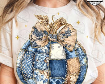 Retro Halloween Blue Denim Pumpkin Png, Cute Pumpkin  Coquette Png, Trendy Patchwork Spooky Bow Png, Fall Pumpkin Design Png, Digital File