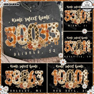 May include: A dark gray sweatshirt featuring the text "home sweet home" and "atlanta, ga" with the number "30033" in a decorative pattern of orange plaid, leopard print, and autumn flowers, alongside other variations of city names and zip codes.