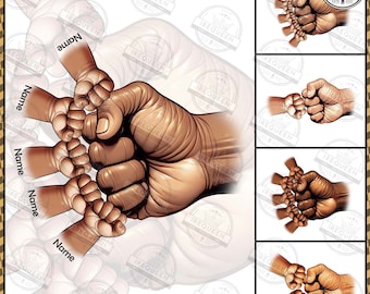 May include: A digital illustration of a large brown fist with four smaller fists surrounding it. The smaller fists are all holding onto the larger fist. The text "Name" is written next to each of the smaller fists.