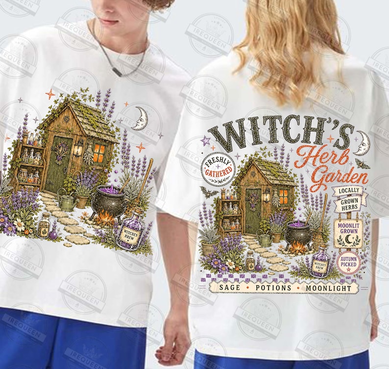 May include: A white t-shirt featuring a graphic illustration of a wooden cottage surrounded by lavender, a cauldron, and potion bottles. The back design includes the text "WITCH'S Herb Garden", "FRESHLY GATHERED", "LOCALLY GROWN HERBS", "MOONLIT GROWN", "AUTUMN PICKED", and "SAGE POTIONS MOONLIGHT".