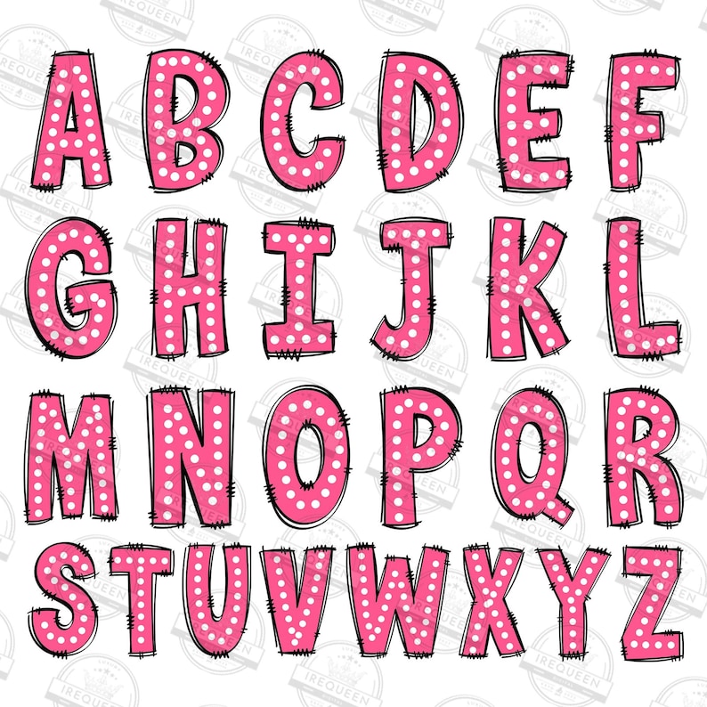 May include: Pink alphabet letters with white polka dots. Each letter is outlined in black and has a slightly distressed look.