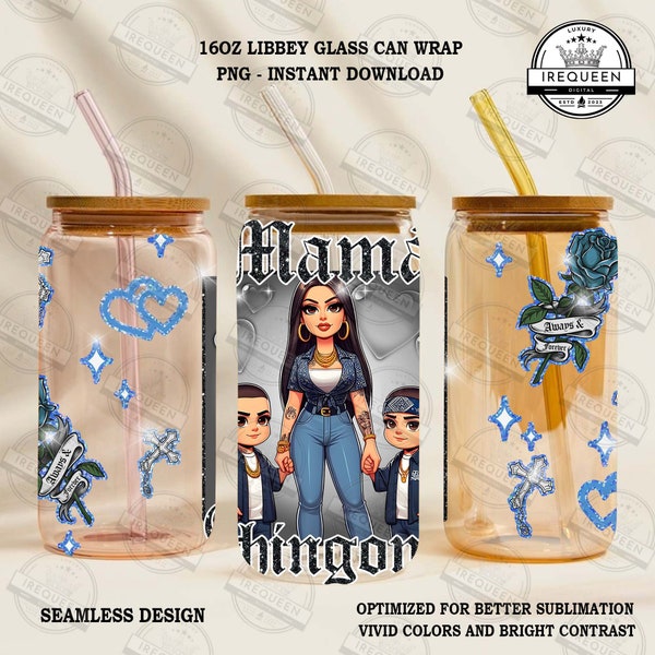 Mama Chingona Latina Mom Glass Can, Chibi Style Latina Mother's Day 16oz, Glass Can For Mom Png, Happy Mother Day Png, Digital File