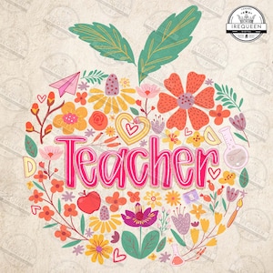 Teacher Png, Teacher Appreciation Png, Spring Boho Wildflowers Png, Spring Boho Wildflowers , Apple Teacher, Teacher and Kids, Digital File