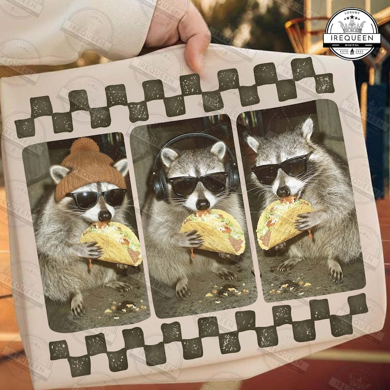 May include: A print showing three raccoons, each wearing sunglasses, a beanie, or headphones, and eating tacos. The image has a checkered border and a logo in the top right corner.