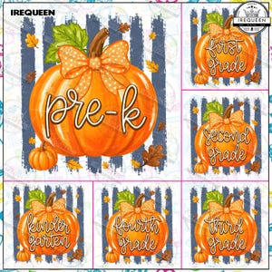 May include: A digital graphic set featuring orange pumpkins with polka dot bows on blue striped backgrounds. Each pumpkin displays text including pre-k, kindergarten, first grade, second grade, third grade, and fourth grade with autumn leaves.
