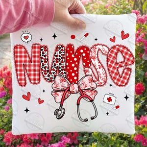 May include: White pillow with the word "NURSE" in red and white patterns, including plaid, polka dots, and floral designs. A bow and stethoscope are featured below the word, with hearts and medical icons scattered around.