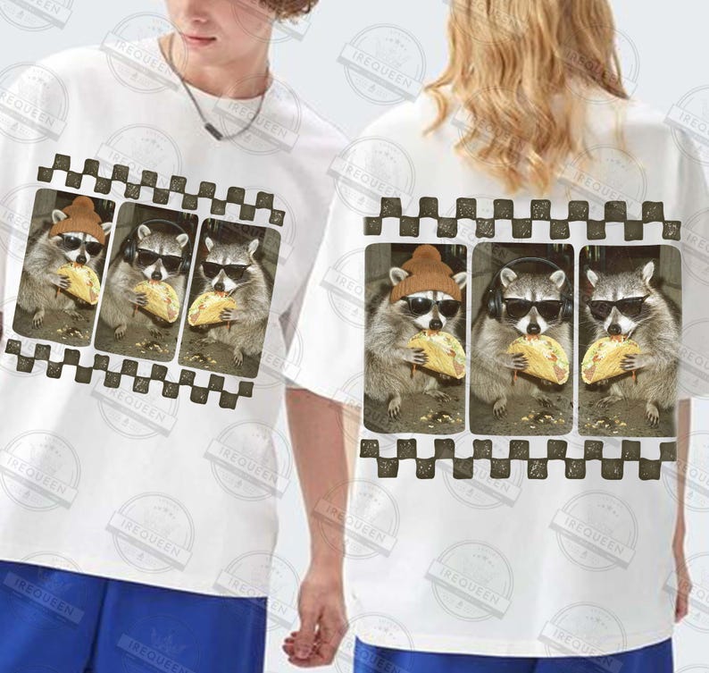 May include: White t-shirt with a graphic of three raccoons wearing sunglasses and eating tacos. The raccoons are in a film strip design with a black and white checkered border. A casual, unisex style.